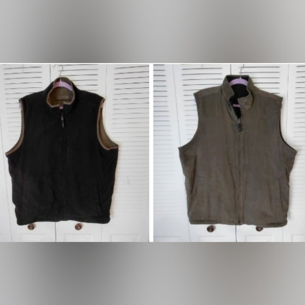 WEATHERPROOF XL REVERSIBLE FLEECE ZIP VEST POCKETS HOOK N LOOP OLIVE FAUX SUEDE
